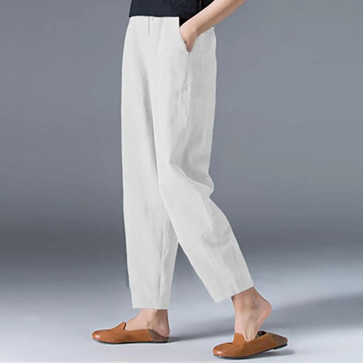 2024 Summer Pants for Women Cotton Linen Breathable Lightweight Yoga Pants Elastic Waist Beach Trousers Trendy Harem Pant