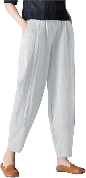 2024 Summer Pants for Women Cotton Linen Breathable Lightweight Yoga Pants Elastic Waist Beach Trousers Trendy Harem Pant