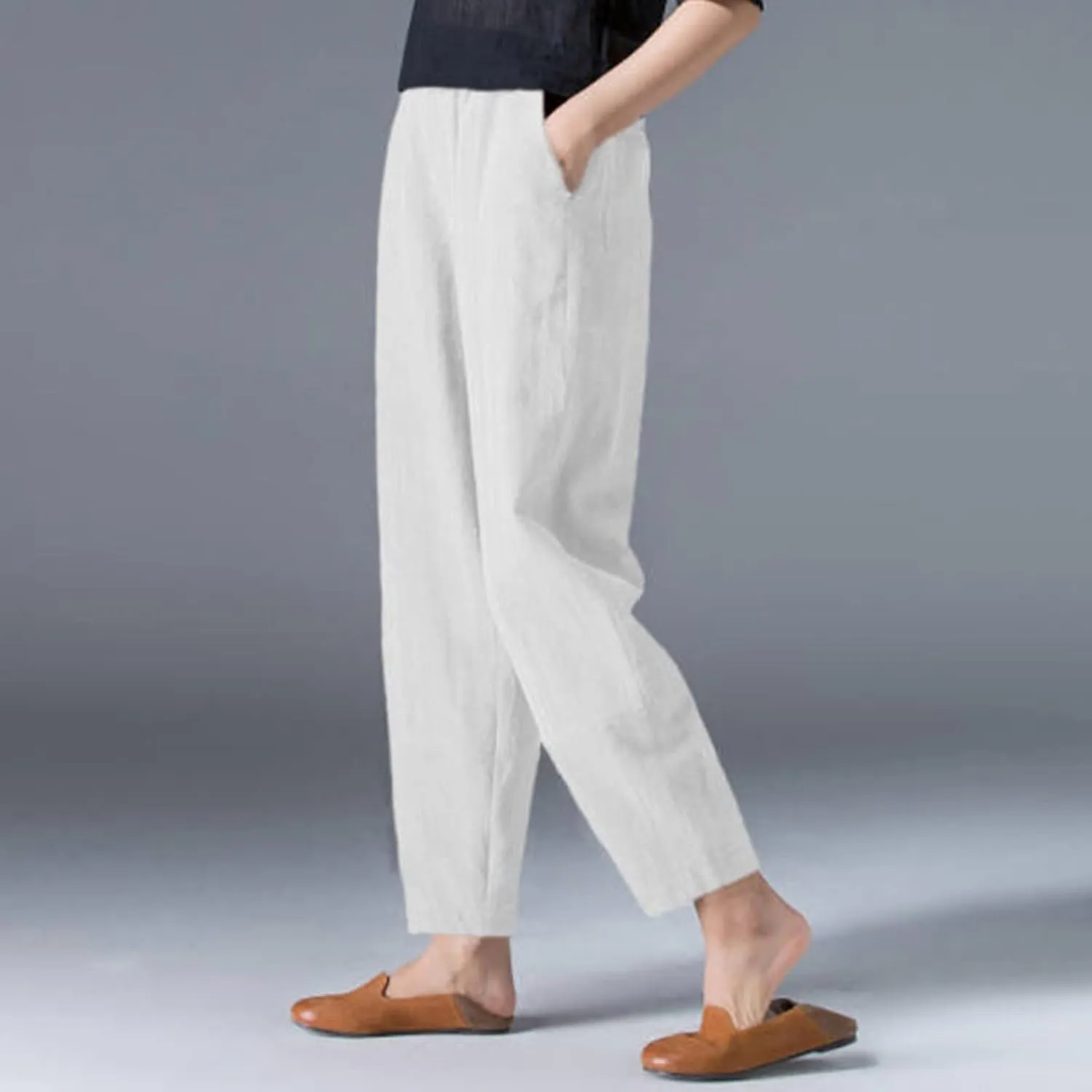 2024 Summer Pants for Women Cotton Linen Breathable Lightweight Yoga Pants Elastic Waist Beach Trousers Trendy Harem Pant