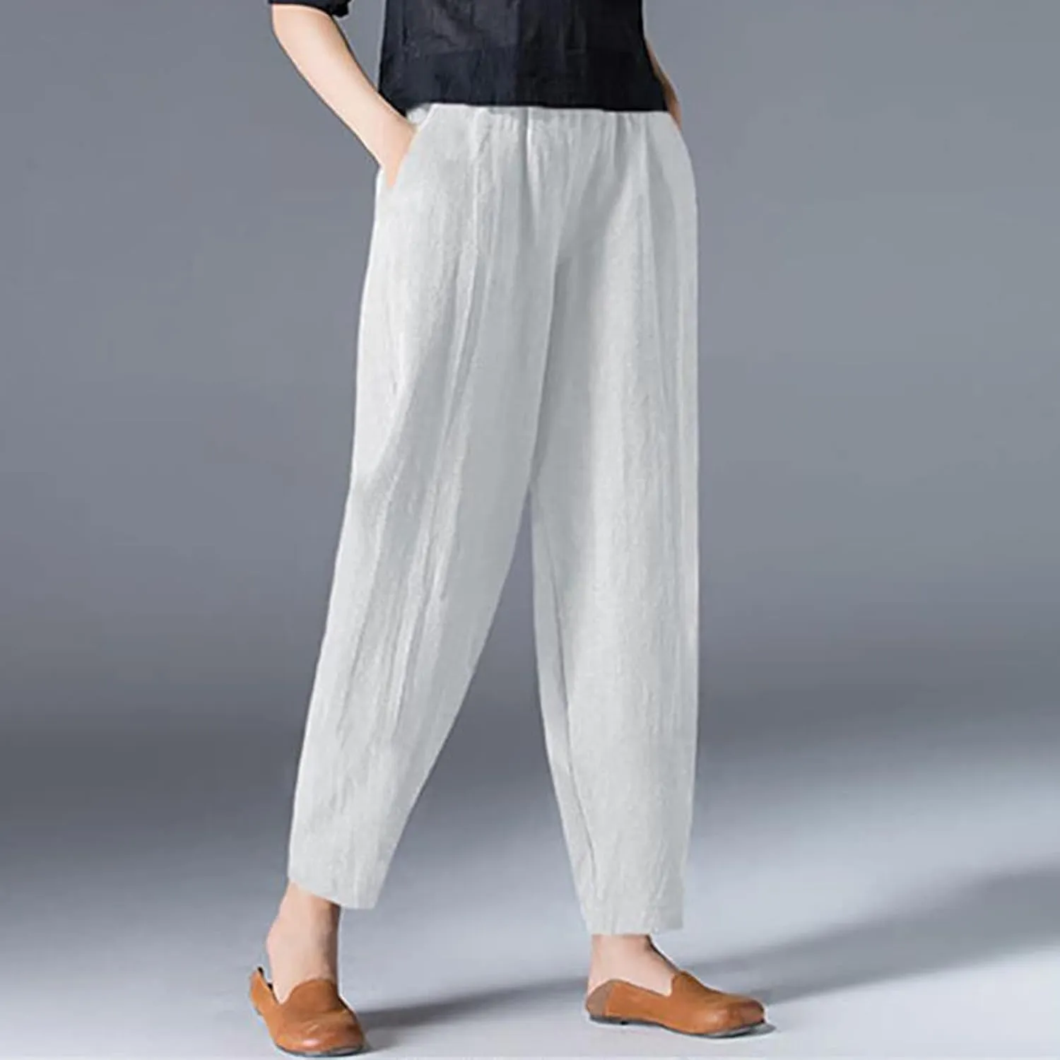 2024 Summer Pants for Women Cotton Linen Breathable Lightweight Yoga Pants Elastic Waist Beach Trousers Trendy Harem Pant