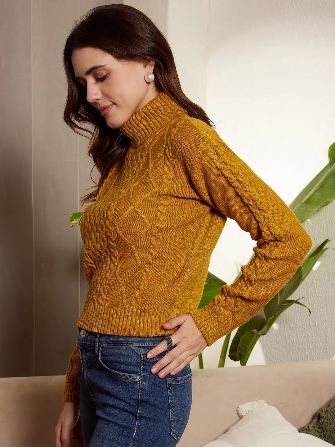 Berrylush Women Solid Yellow Turtle Neck Acrylic Ribbed Hem Cable Knitted Regular Sweater