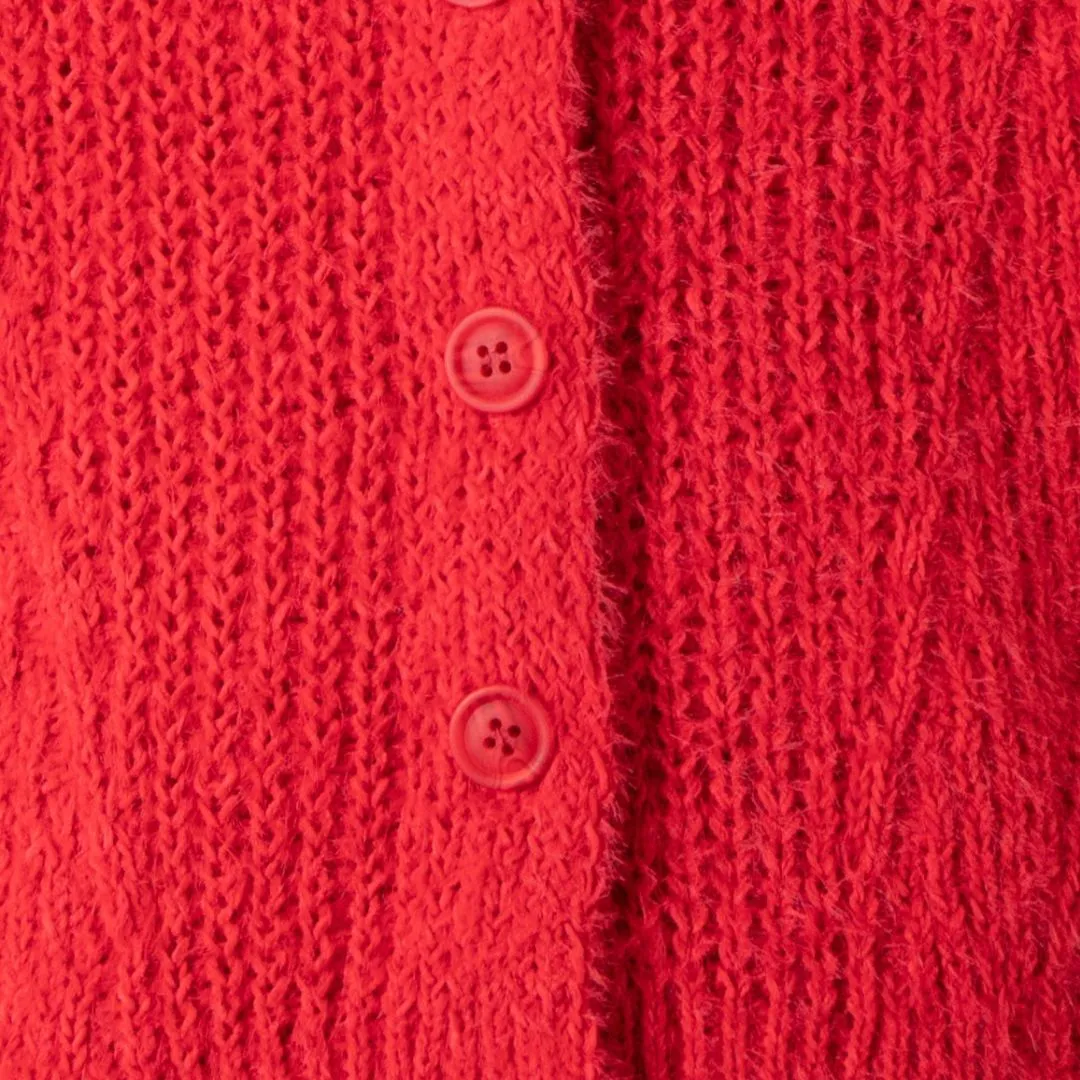 Button Down Fuzzy Cable Knit Cardigan (Red)