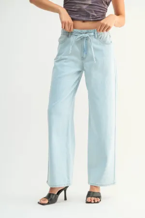 Drawstring Wide Leg Light Denim Jean