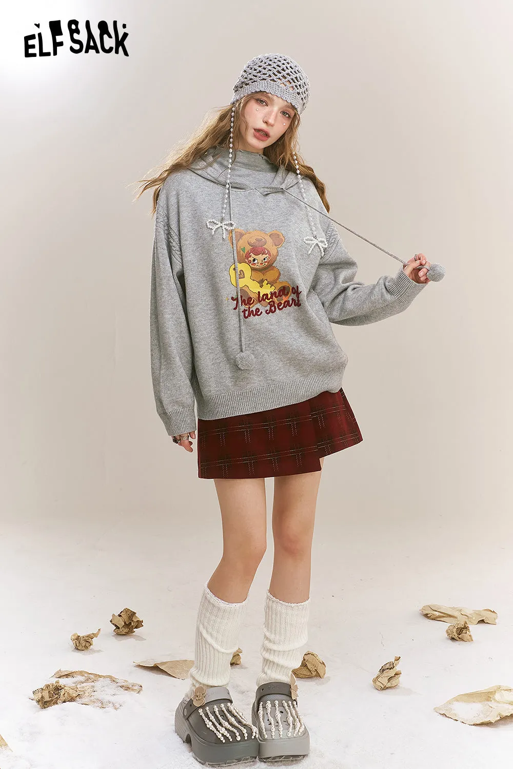ELFSACK 2024 Winter New Arrivals Grey bear hooded sweater for women, Versatile soft top