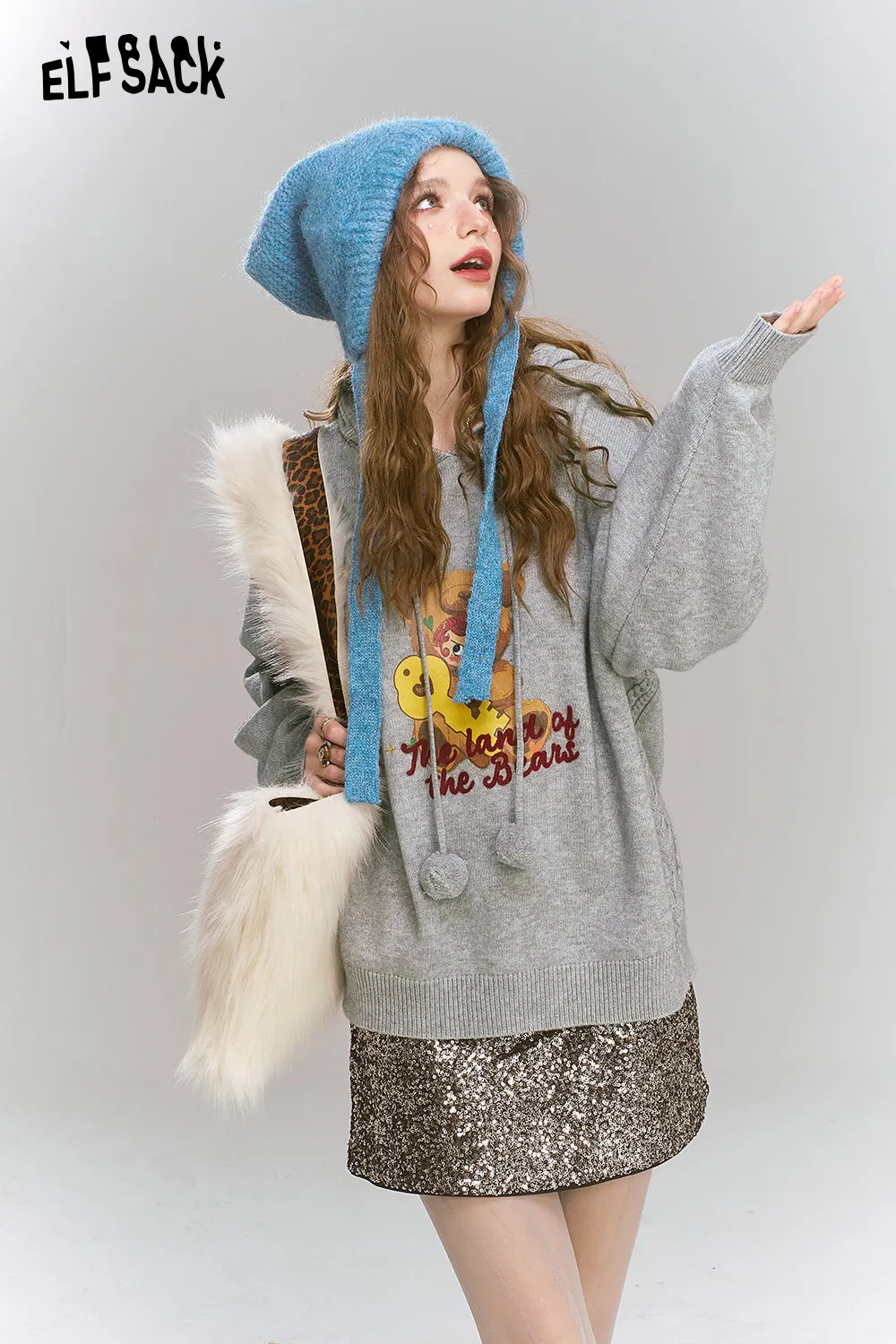 ELFSACK 2024 Winter New Arrivals Grey bear hooded sweater for women, Versatile soft top