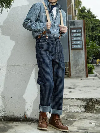 EPKing-Men's retro railroad vertical striped backpack pants loose wide leg straight work denim jeans