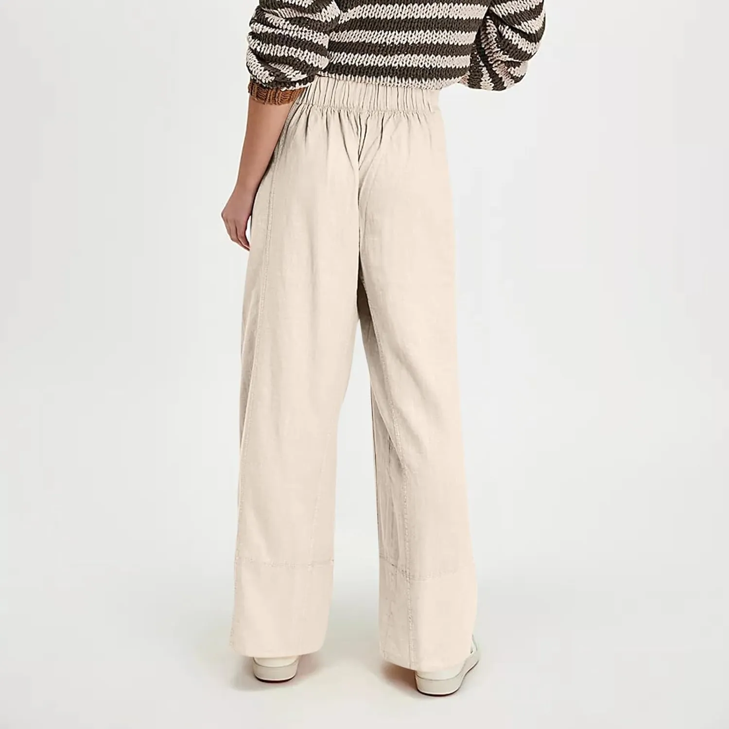 fanmpghleoo Wide Leg Linen Pants Women Summer Casual Elastic High Waisted Linen Trousers with Pockets Beach Vacation Slacks