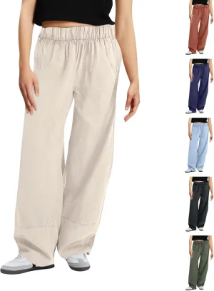 fanmpghleoo Wide Leg Linen Pants Women Summer Casual Elastic High Waisted Linen Trousers with Pockets Beach Vacation Slacks