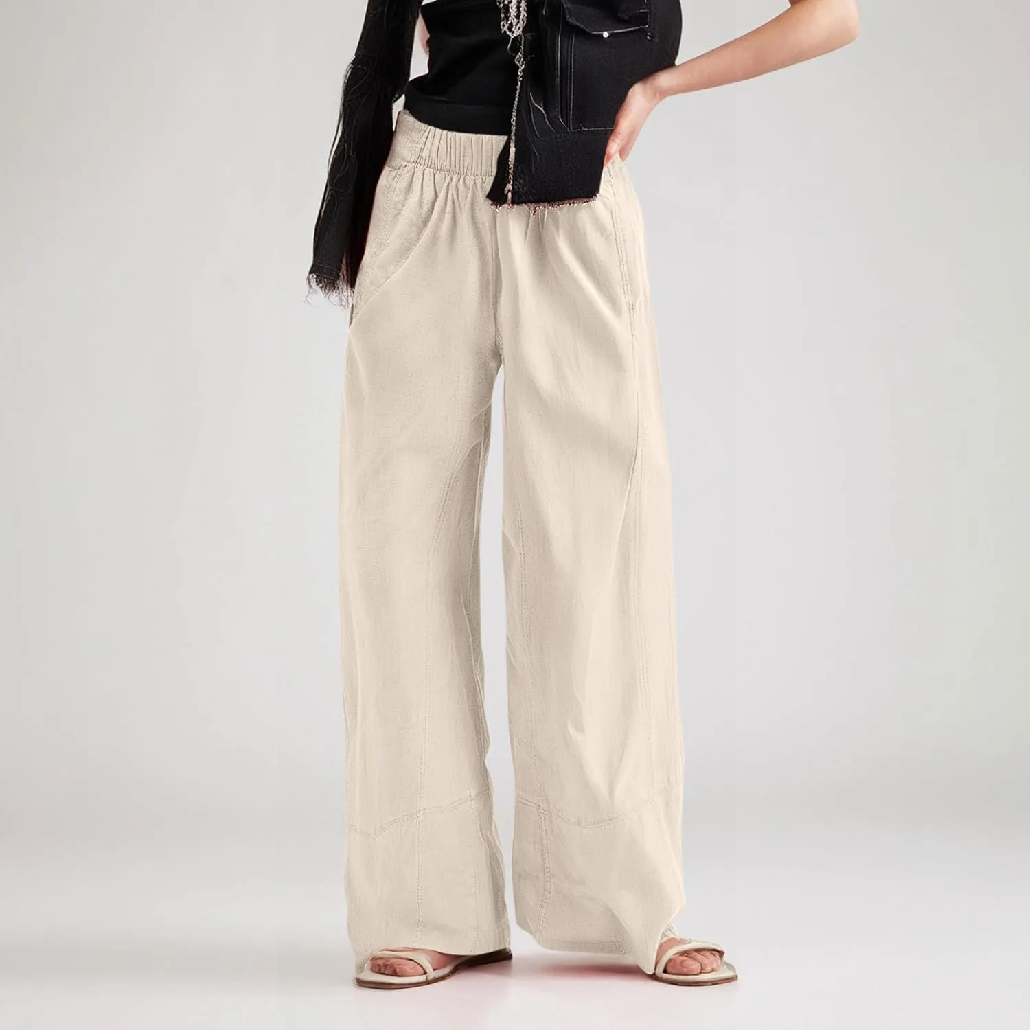 fanmpghleoo Wide Leg Linen Pants Women Summer Casual Elastic High Waisted Linen Trousers with Pockets Beach Vacation Slacks