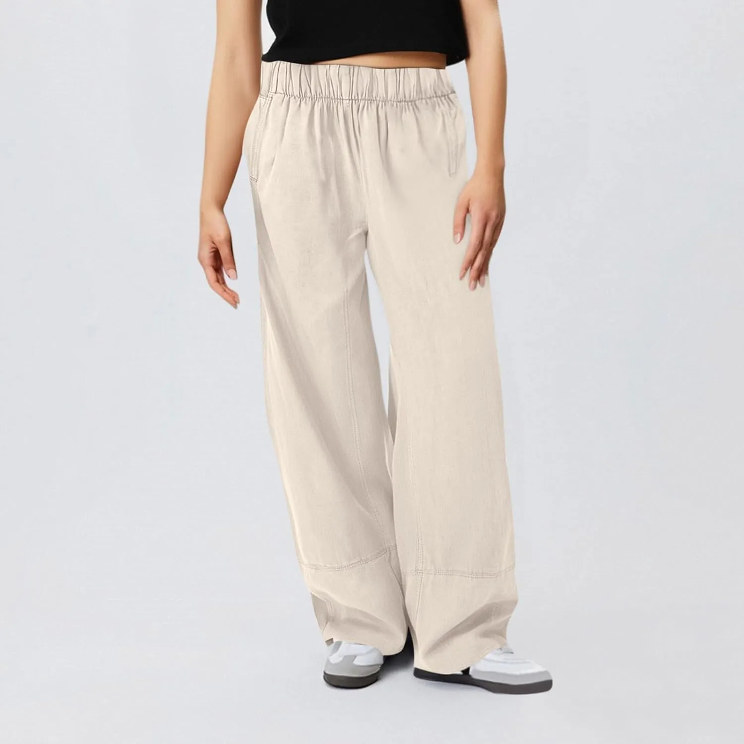 fanmpghleoo Wide Leg Linen Pants Women Summer Casual Elastic High Waisted Linen Trousers with Pockets Beach Vacation Slacks