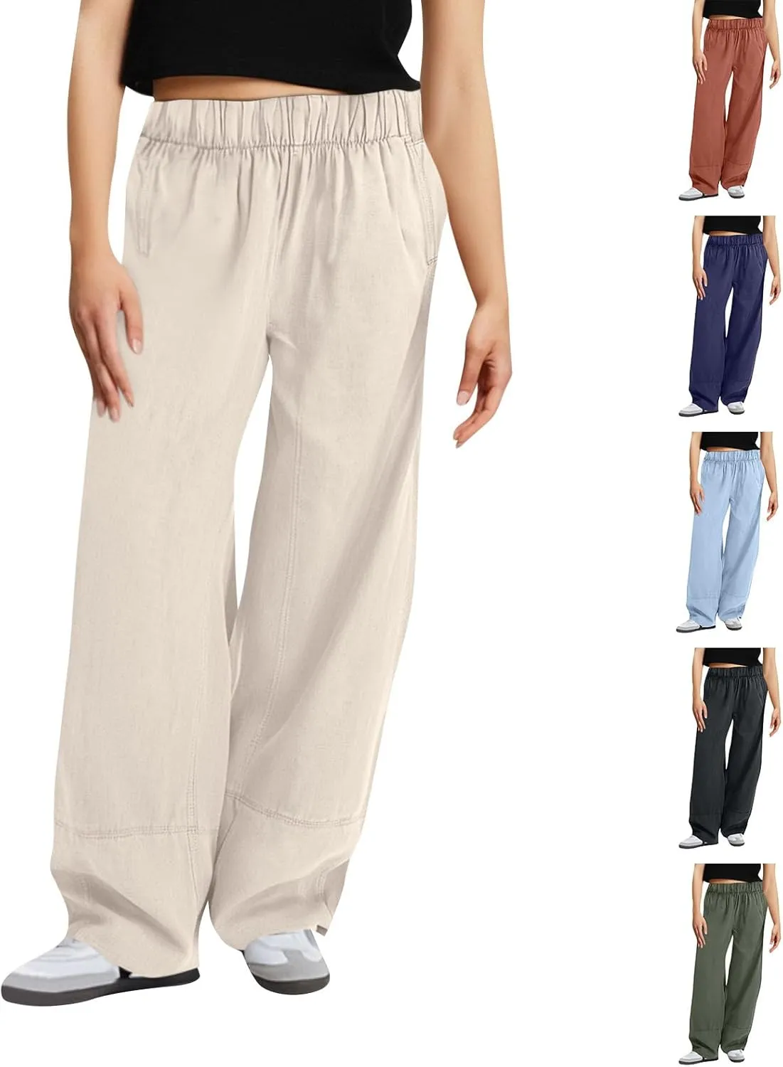 fanmpghleoo Wide Leg Linen Pants Women Summer Casual Elastic High Waisted Linen Trousers with Pockets Beach Vacation Slacks