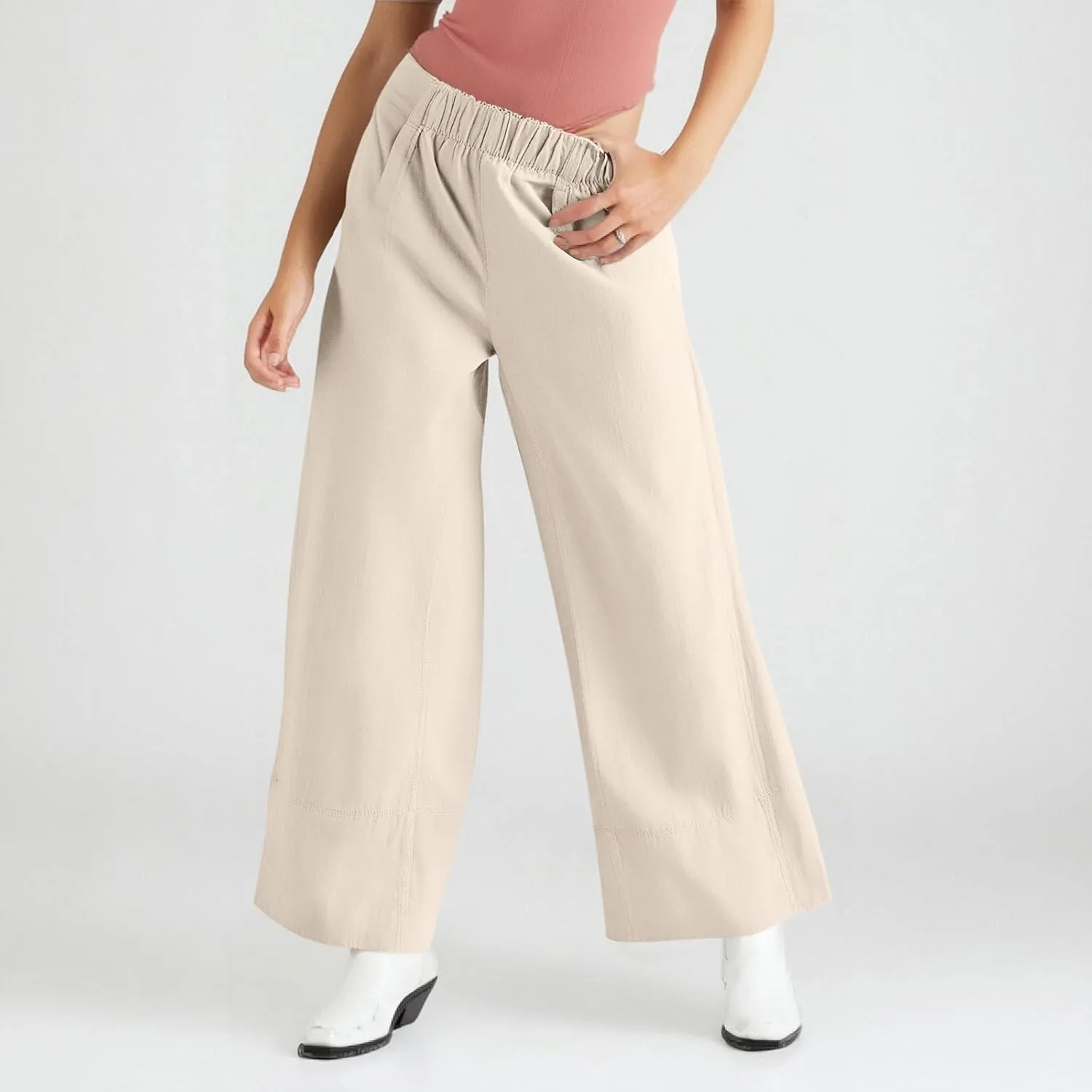 fanmpghleoo Wide Leg Linen Pants Women Summer Casual Elastic High Waisted Linen Trousers with Pockets Beach Vacation Slacks