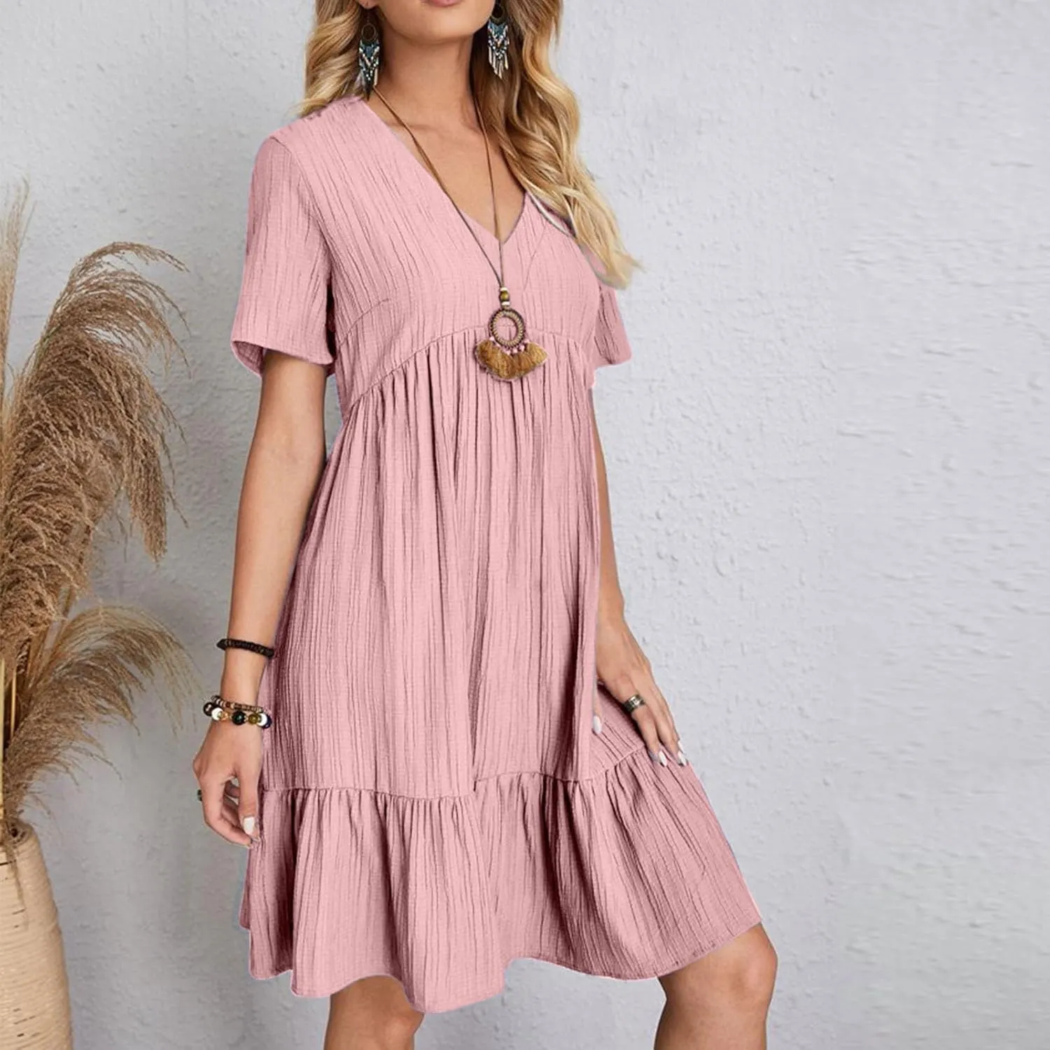 Finelylove Womens Summer Casual Mini Dress Short Sleeve V Neck A Line Sundress Ruffle Flowy Tiered Beach Vacation Dresses