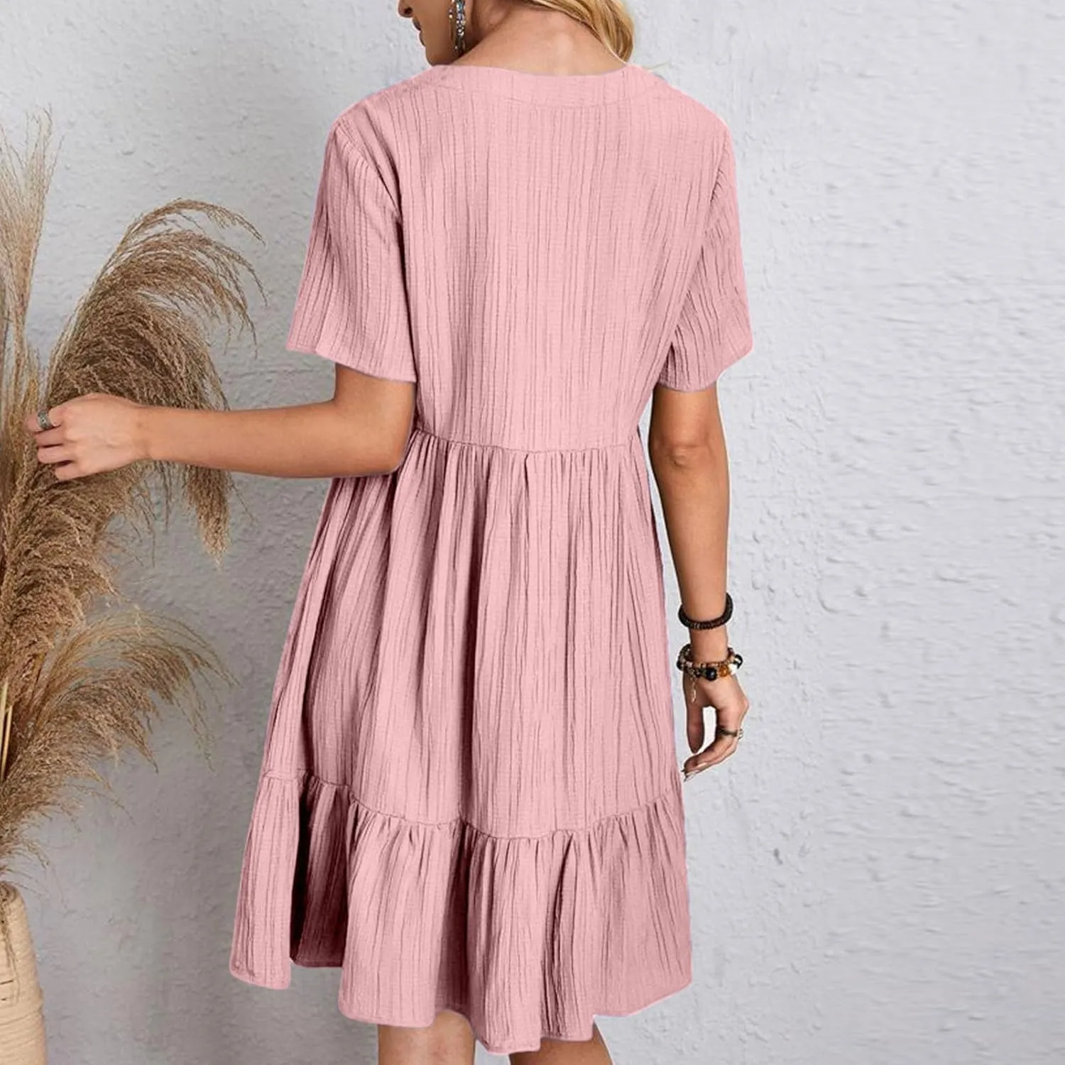 Finelylove Womens Summer Casual Mini Dress Short Sleeve V Neck A Line Sundress Ruffle Flowy Tiered Beach Vacation Dresses