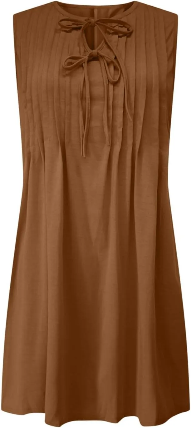 Finelylove Womens Summer Dresses Sleeveless Keyhole Ruched Sundresses Ruffle Flowy A Line Mini Beach Dress with Pockets