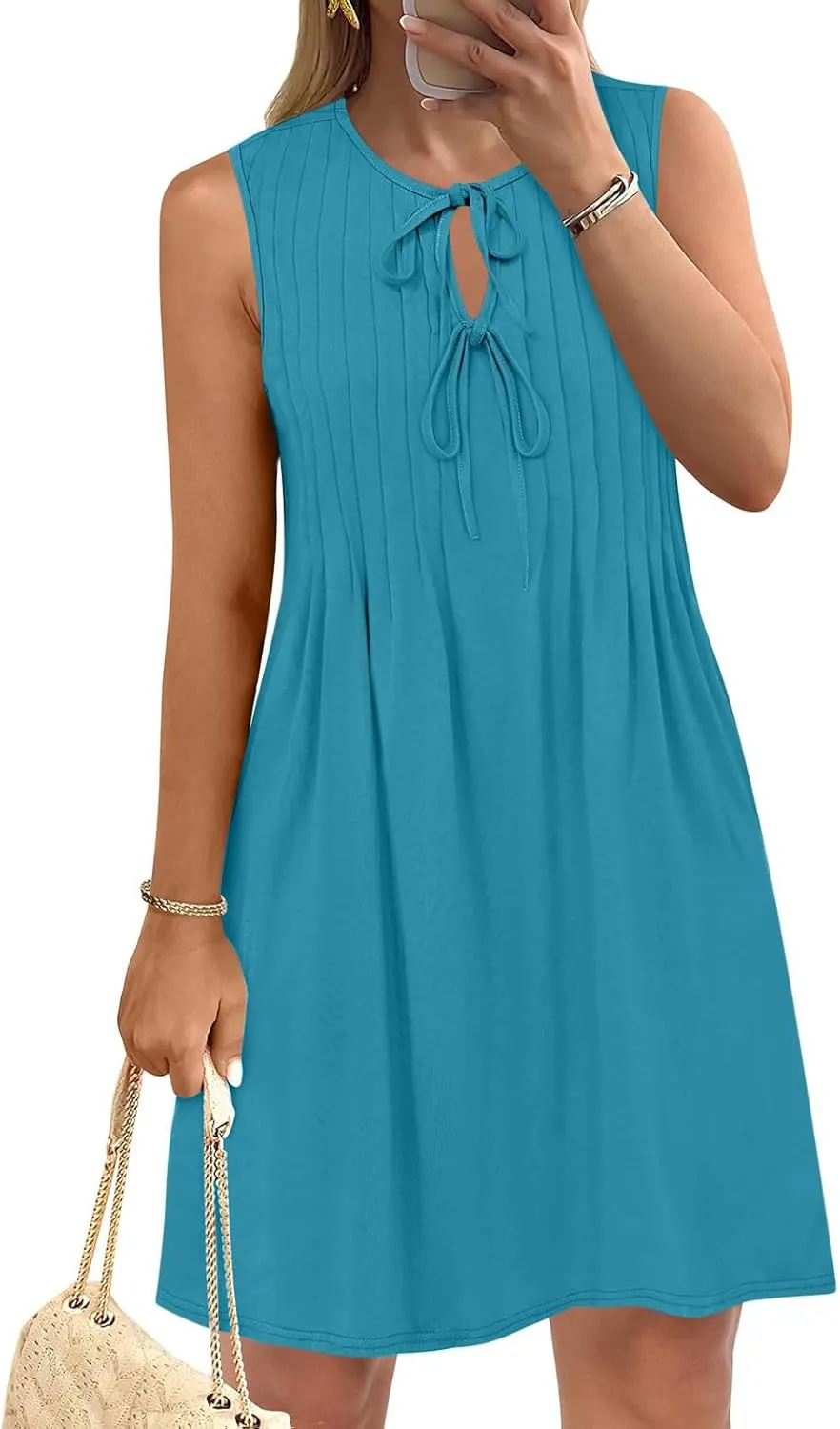 Finelylove Womens Summer Dresses Sleeveless Keyhole Ruched Sundresses Ruffle Flowy A Line Mini Beach Dress with Pockets