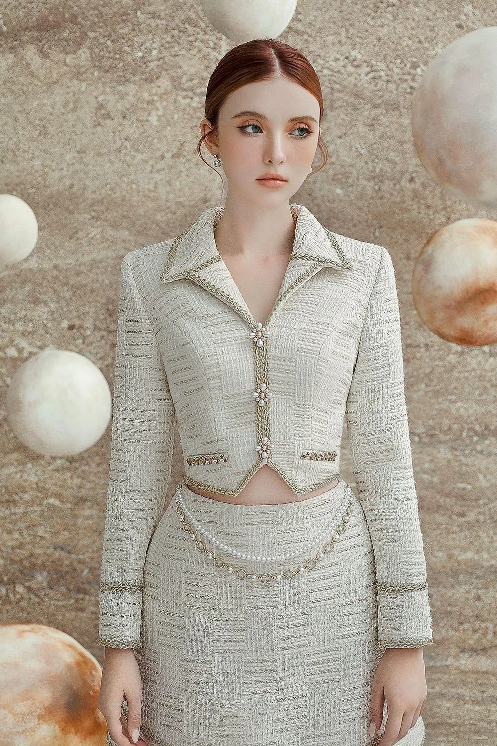 Gina Cropped V-Neck Tweed Top