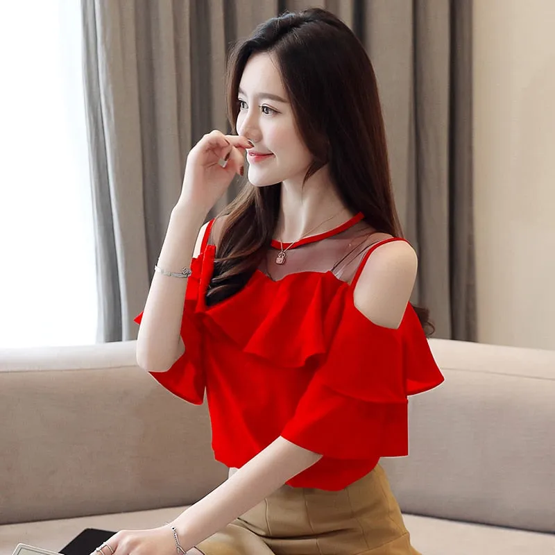 Graduation Gifts  womens tops and blouses Summer women blouses 2022 white blouse  short sleeve chiffon blouse women shirt off shoulder top 4206 50