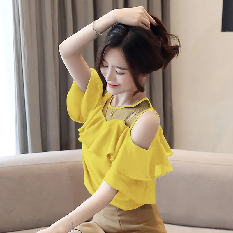 Graduation Gifts  womens tops and blouses Summer women blouses 2022 white blouse  short sleeve chiffon blouse women shirt off shoulder top 4206 50