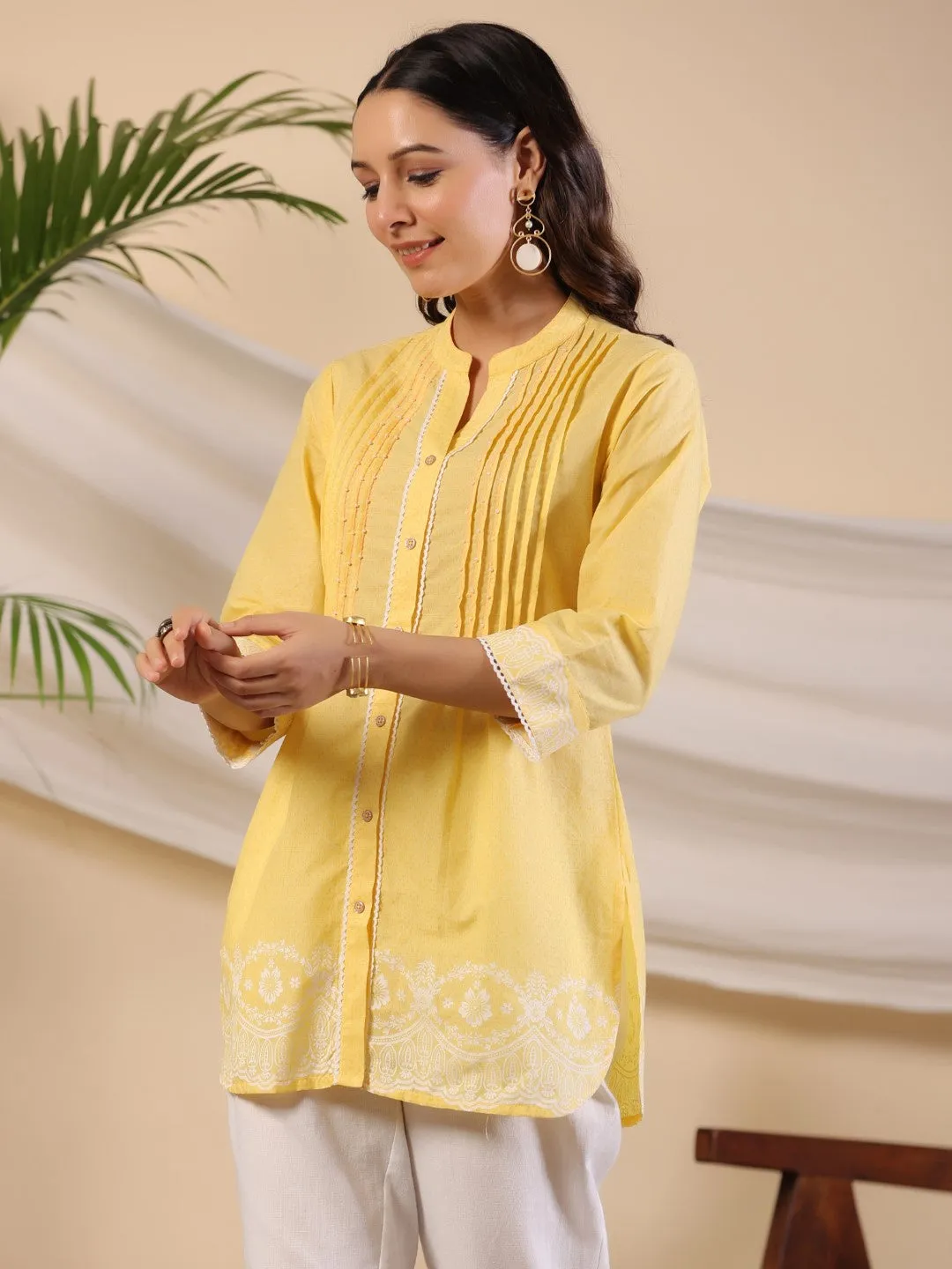 Juniper Yellow Ethnic Motif Printed Pure Cotton Tunic With Lace Work