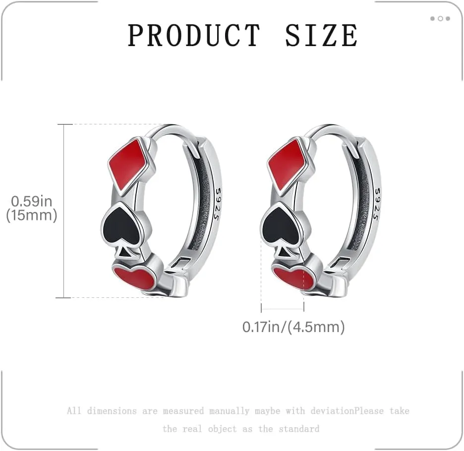 KEQ Poker Huggie Hoop Earrings 925 Sterling Silver Casual Casino Hearts and Spades Playing cards Simulate Cool Funny Earrings for Women
