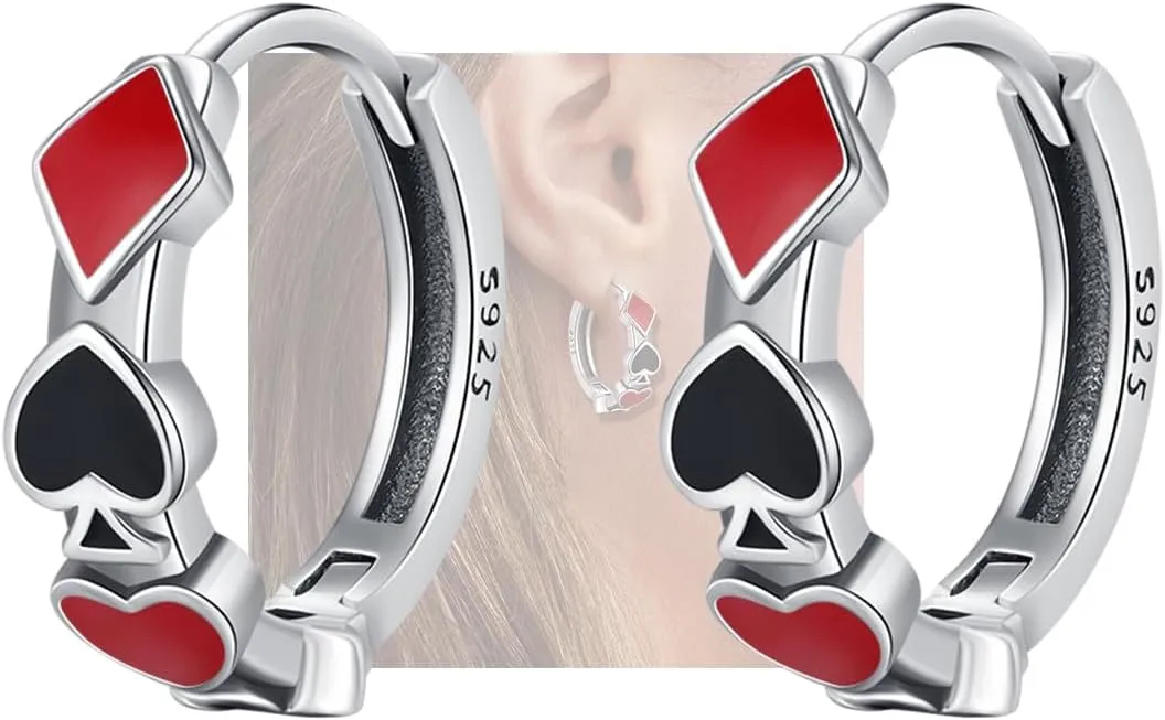 KEQ Poker Huggie Hoop Earrings 925 Sterling Silver Casual Casino Hearts and Spades Playing cards Simulate Cool Funny Earrings for Women