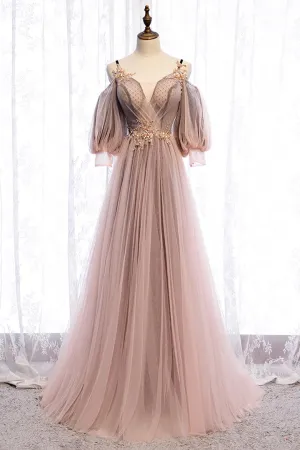 Luolandi A-Line Tulle Long Prom Dresses Lace Evening Dresses Floor Length Sexy
