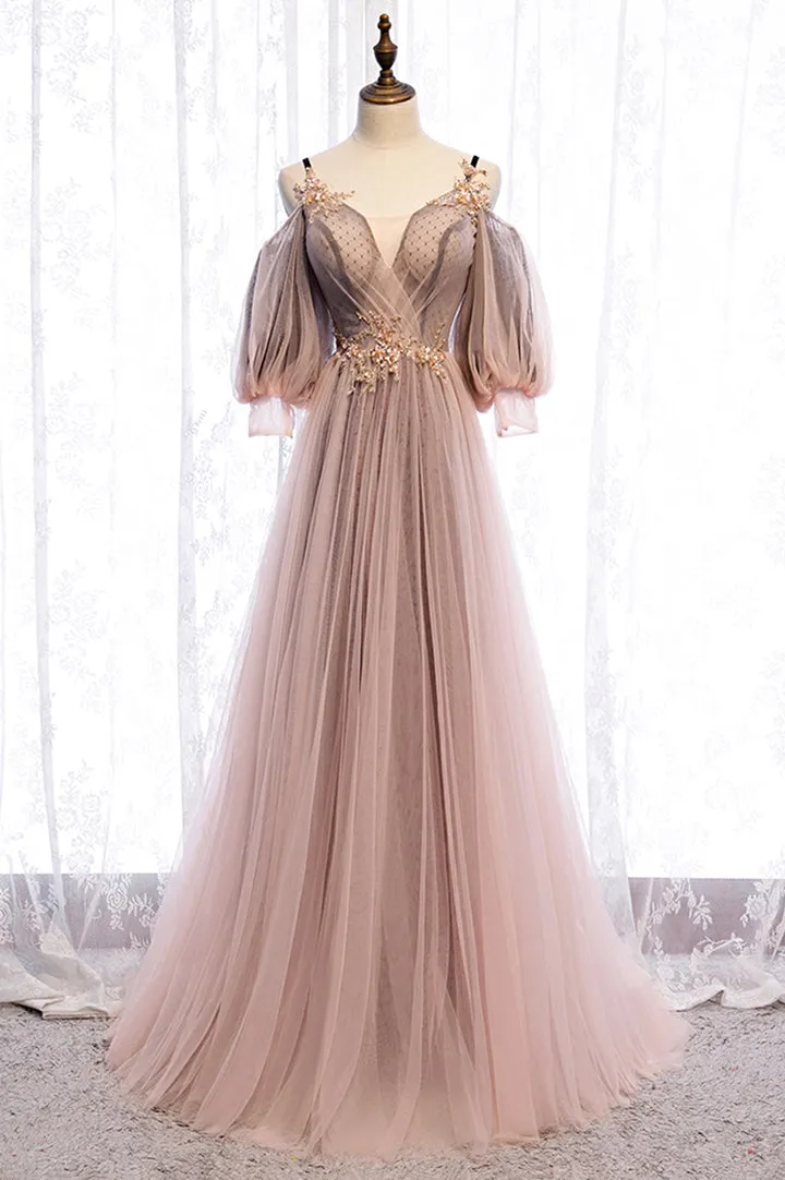 Luolandi A-Line Tulle Long Prom Dresses Lace Evening Dresses Floor Length Sexy