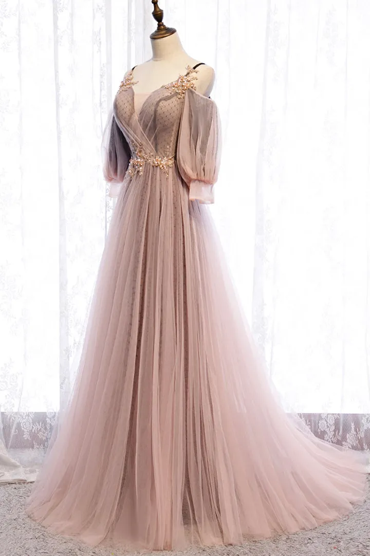 Luolandi A-Line Tulle Long Prom Dresses Lace Evening Dresses Floor Length Sexy
