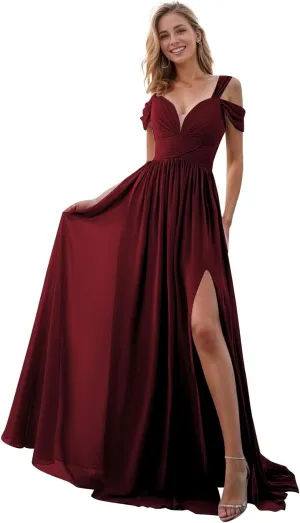 Off The Shoulder Bridesmaid Dresses Long A-line Chiffon Formal Evening Gown