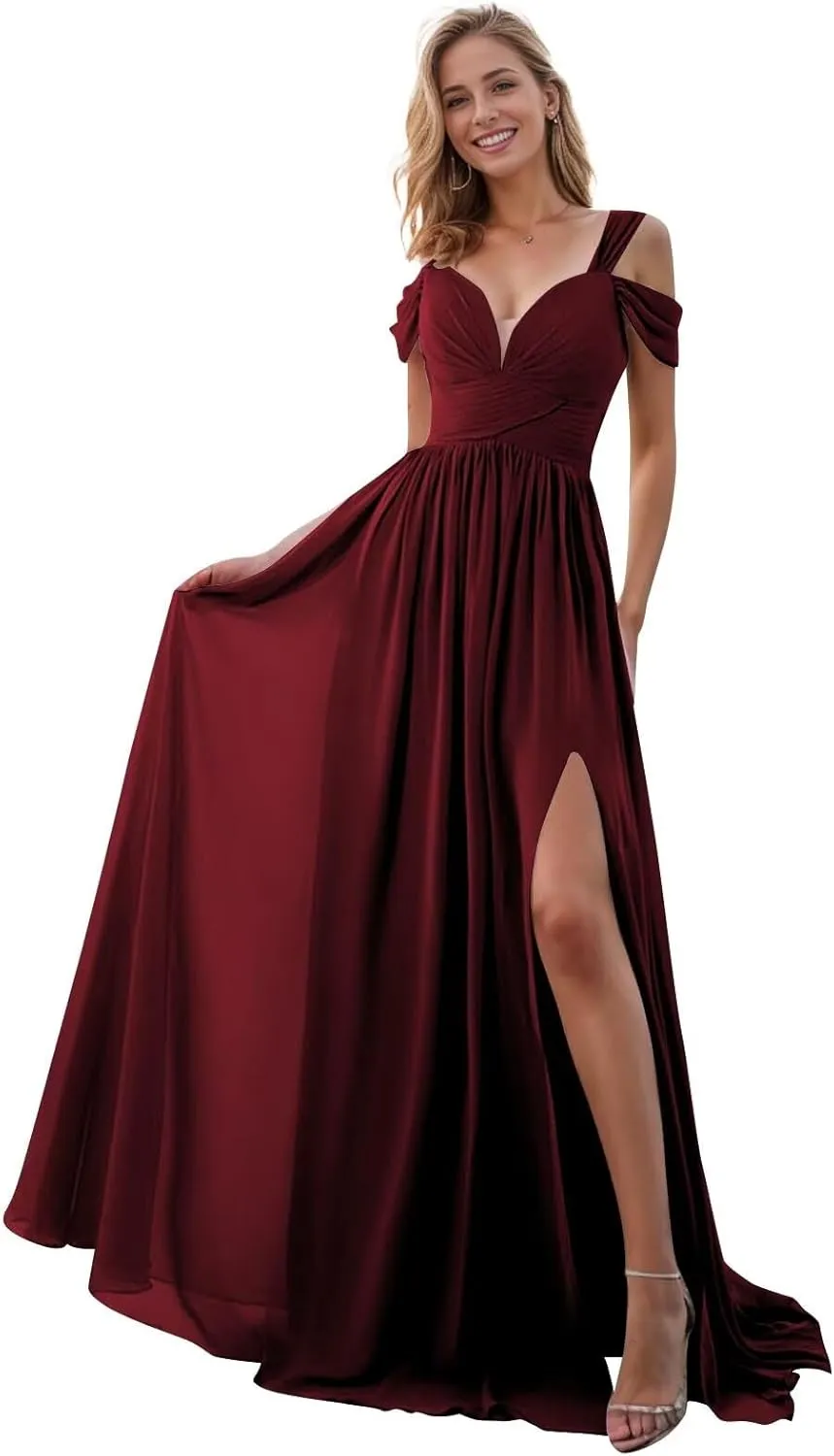 Off The Shoulder Bridesmaid Dresses Long A-line Chiffon Formal Evening Gown