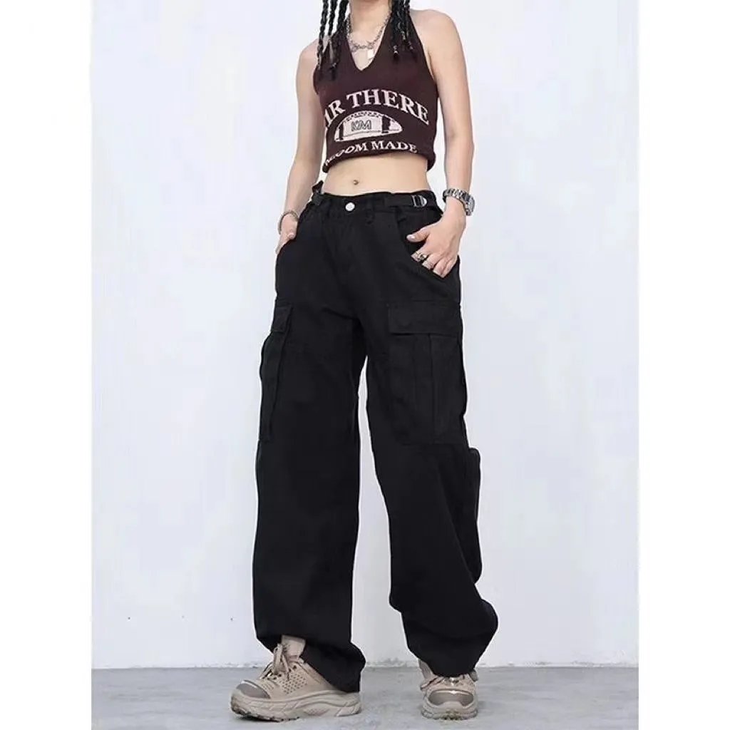 Solid Color Overalls Jeans Women's Y2K Street Retro Loose Wide-Leg Overalls Couple Casual Joker Mopping Jeans Pants Women