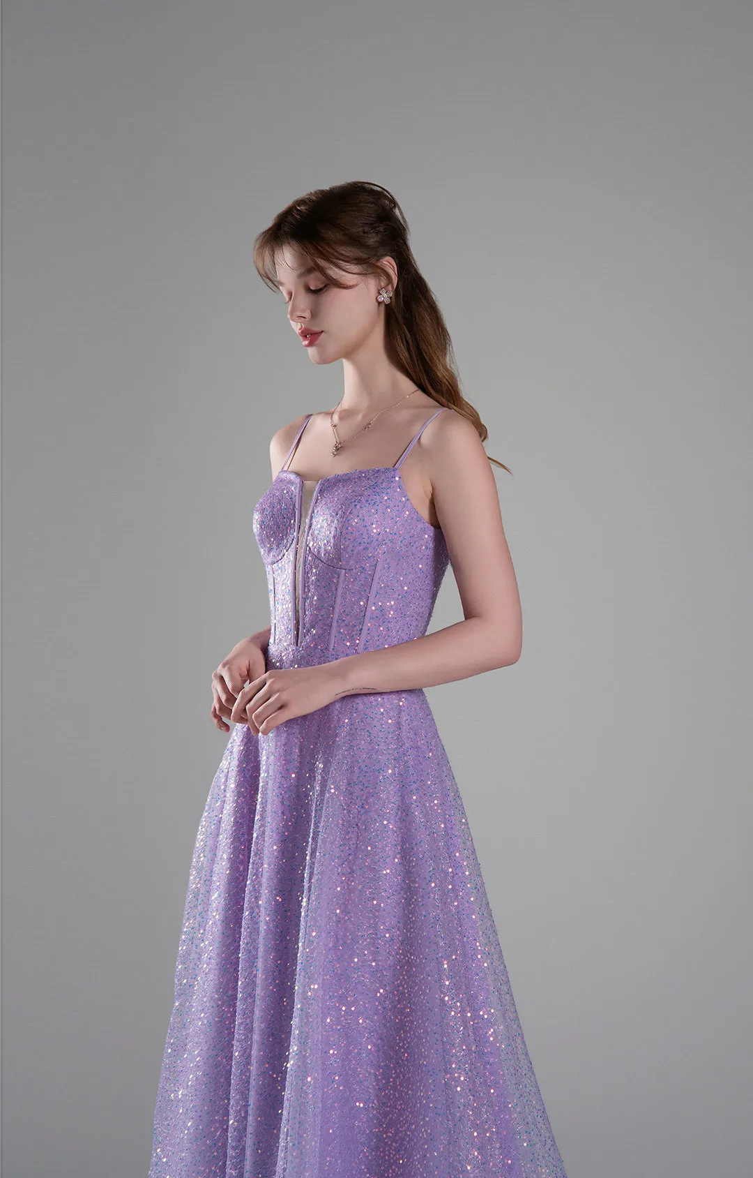 Spaghetti Straps Deep V-Neck Sequin A-Line Dresses