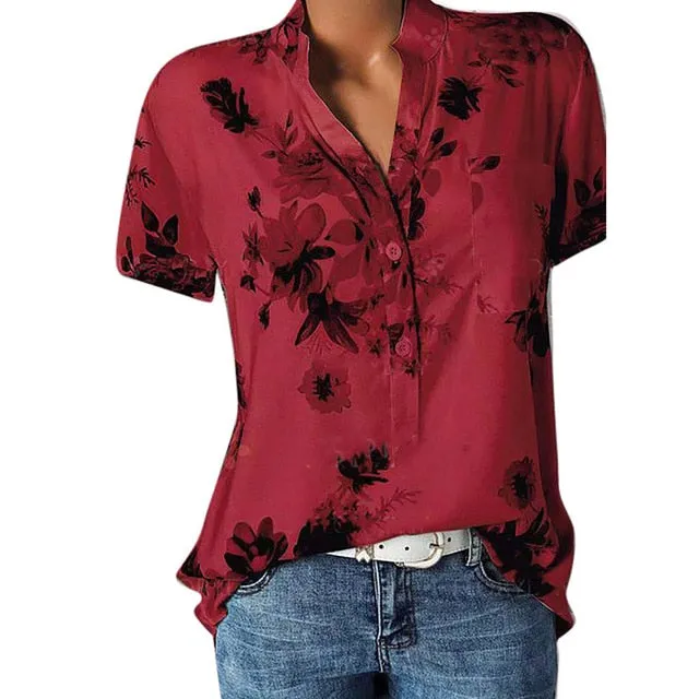 Women Printing Pocket Plus Size Blouse