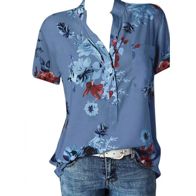 Women Printing Pocket Plus Size Blouse