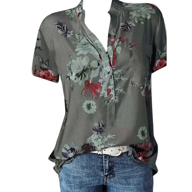 Women Printing Pocket Plus Size Blouse