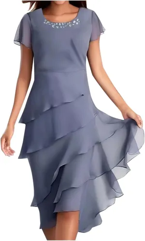 Womens 2025 Summer Casual Dresses Tiered Chiffon Pleated A Line Flowy Mini Dress Elegant Cocktail Party Outfits