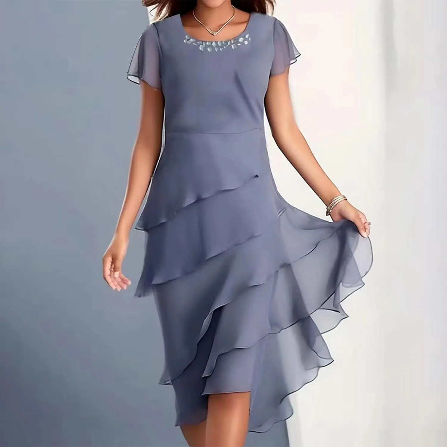Womens 2025 Summer Casual Dresses Tiered Chiffon Pleated A Line Flowy Mini Dress Elegant Cocktail Party Outfits