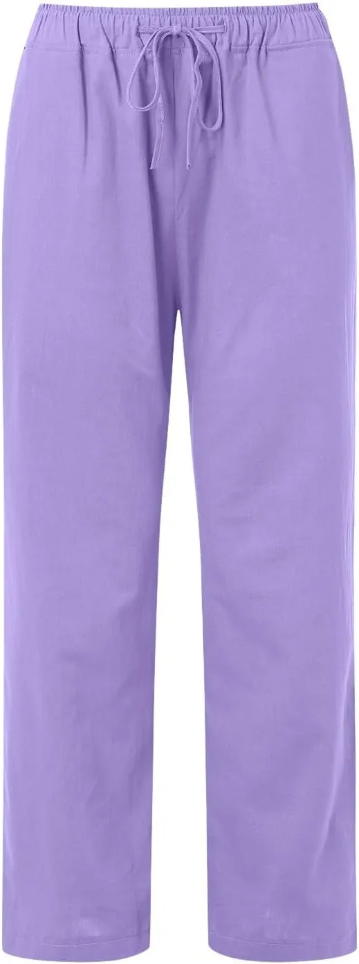 Womens Casual Linen Pants Baggy High Waist Drawstring Straight Leg Pants Summer Lounge Trousers with Pockets