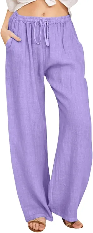 Womens Casual Linen Pants Baggy High Waist Drawstring Straight Leg Pants Summer Lounge Trousers with Pockets