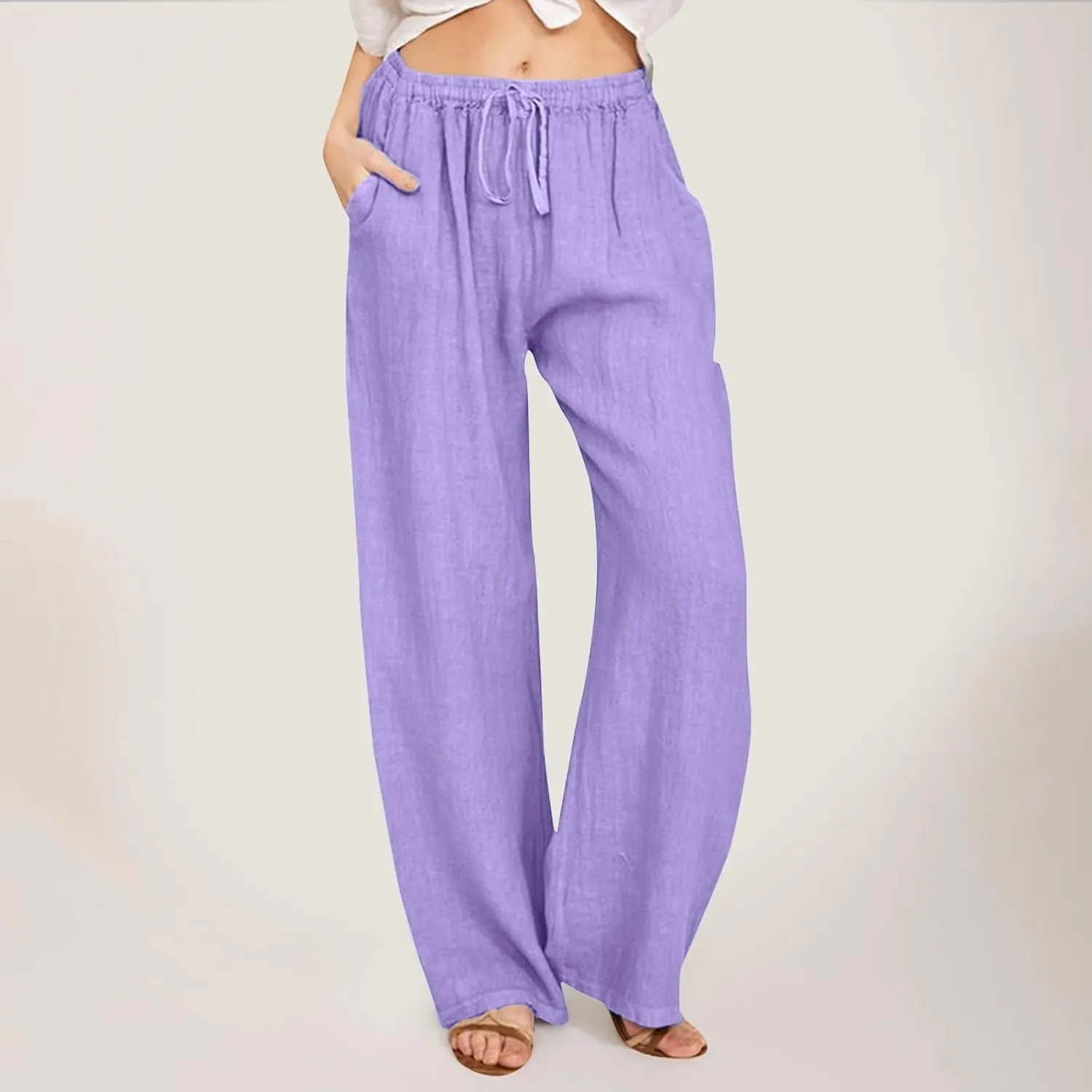 Womens Casual Linen Pants Baggy High Waist Drawstring Straight Leg Pants Summer Lounge Trousers with Pockets