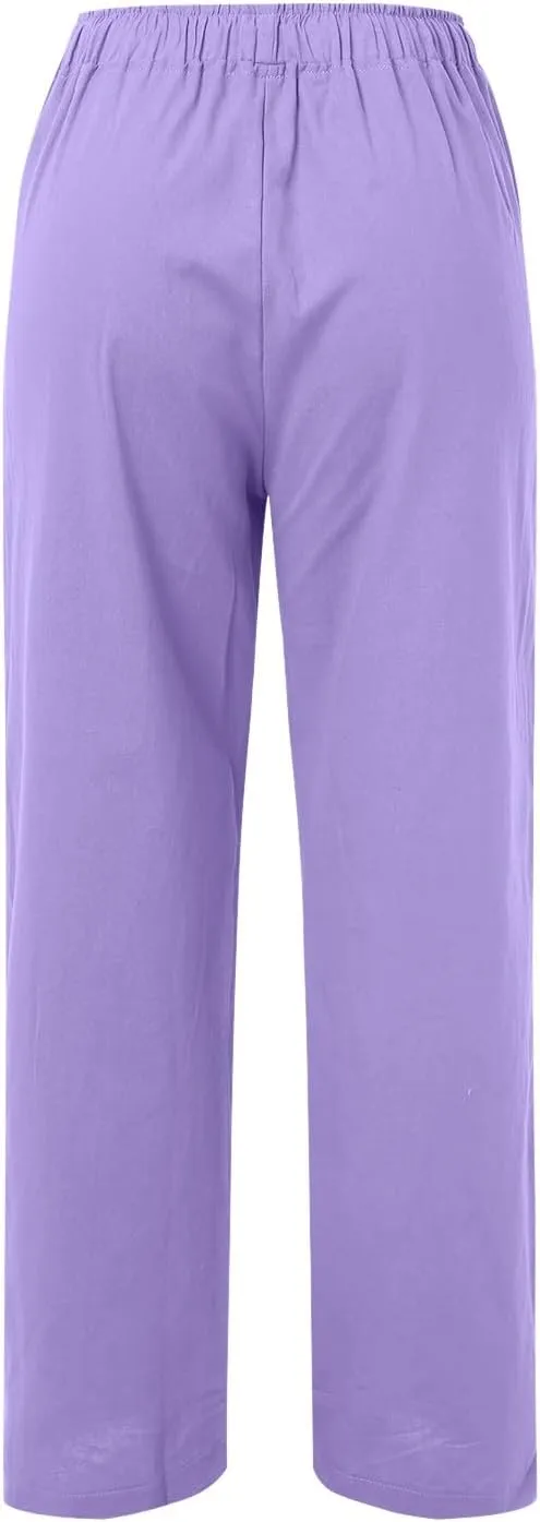 Womens Casual Linen Pants Baggy High Waist Drawstring Straight Leg Pants Summer Lounge Trousers with Pockets
