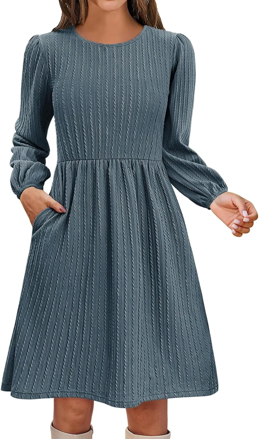 Womens Long Sleeve Knit Sweater Dress Casual Fall Winter Crewneck Mini Dresses A-Line Knee Length Dress