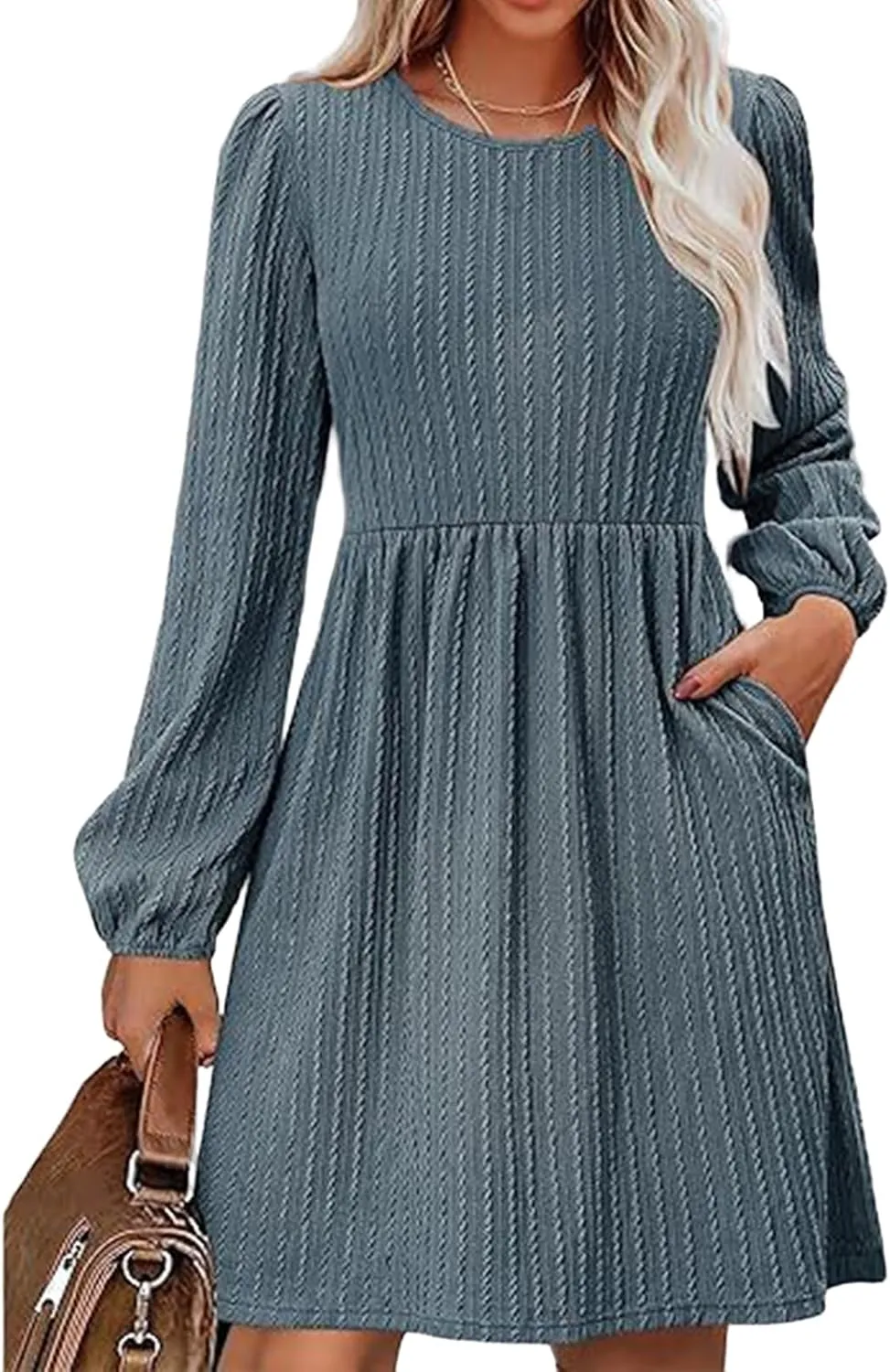 Womens Long Sleeve Knit Sweater Dress Casual Fall Winter Crewneck Mini Dresses A-Line Knee Length Dress