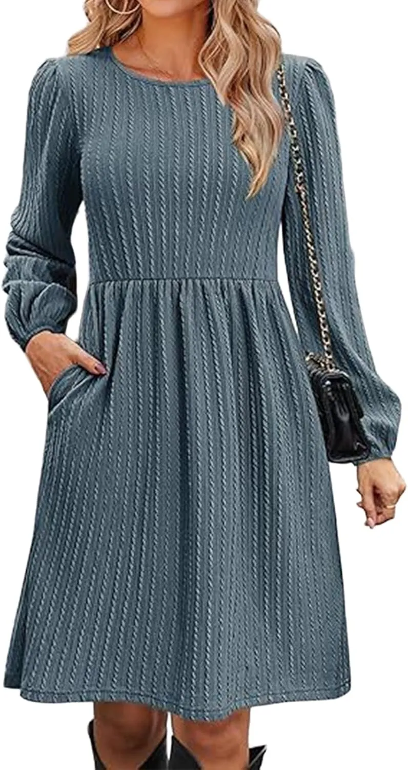 Womens Long Sleeve Knit Sweater Dress Casual Fall Winter Crewneck Mini Dresses A-Line Knee Length Dress