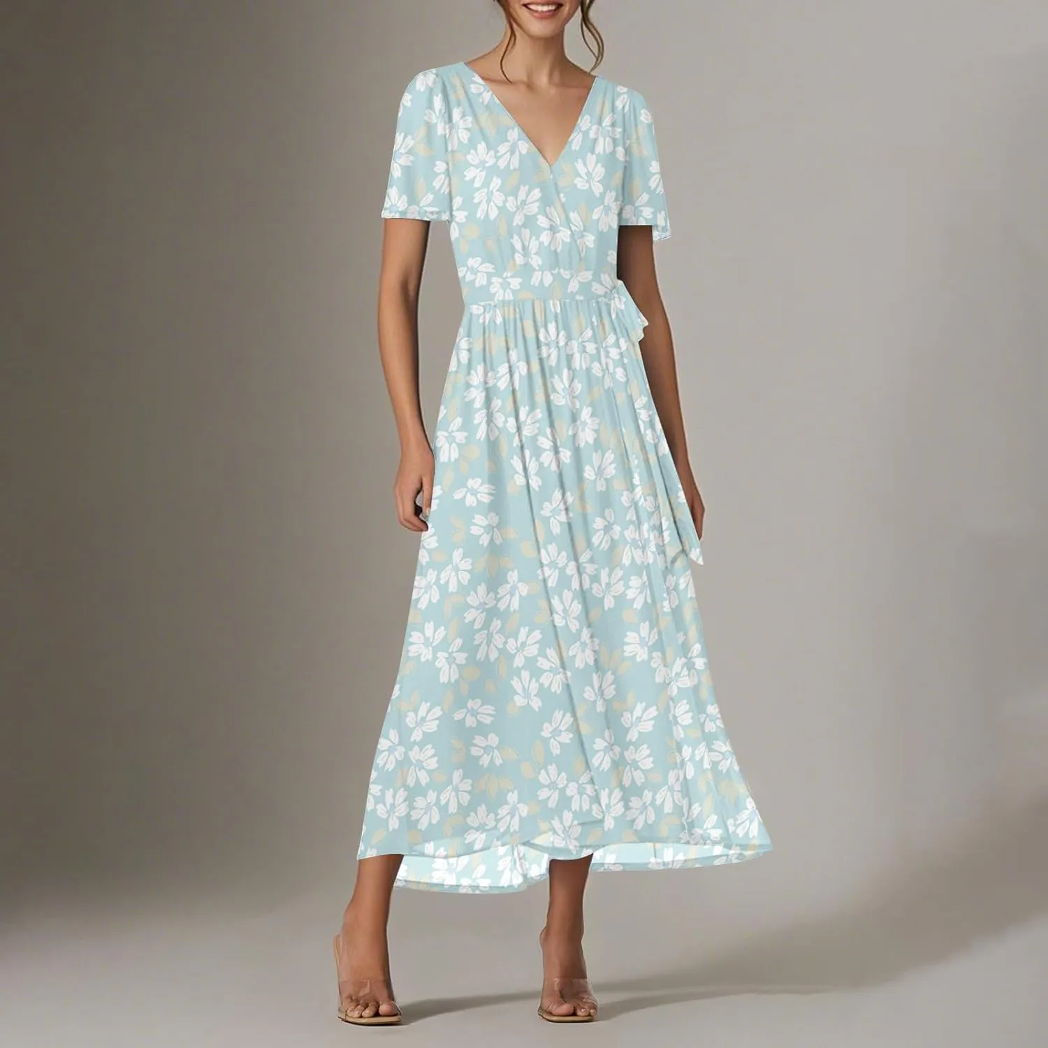 Womens Summer Floral Maxi Dress Casual Chiffon V Neck Short Sleeve Flowy Beach Wedding Guest Trendy Long Dresses